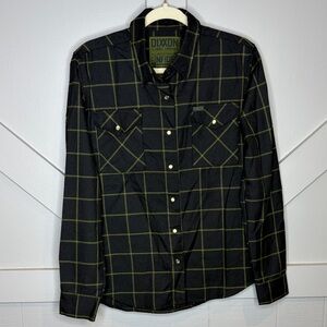 DIXXON Men’s The Infidel Soft Plaid Flannel Black Green Pearl Snap Shirt Medium